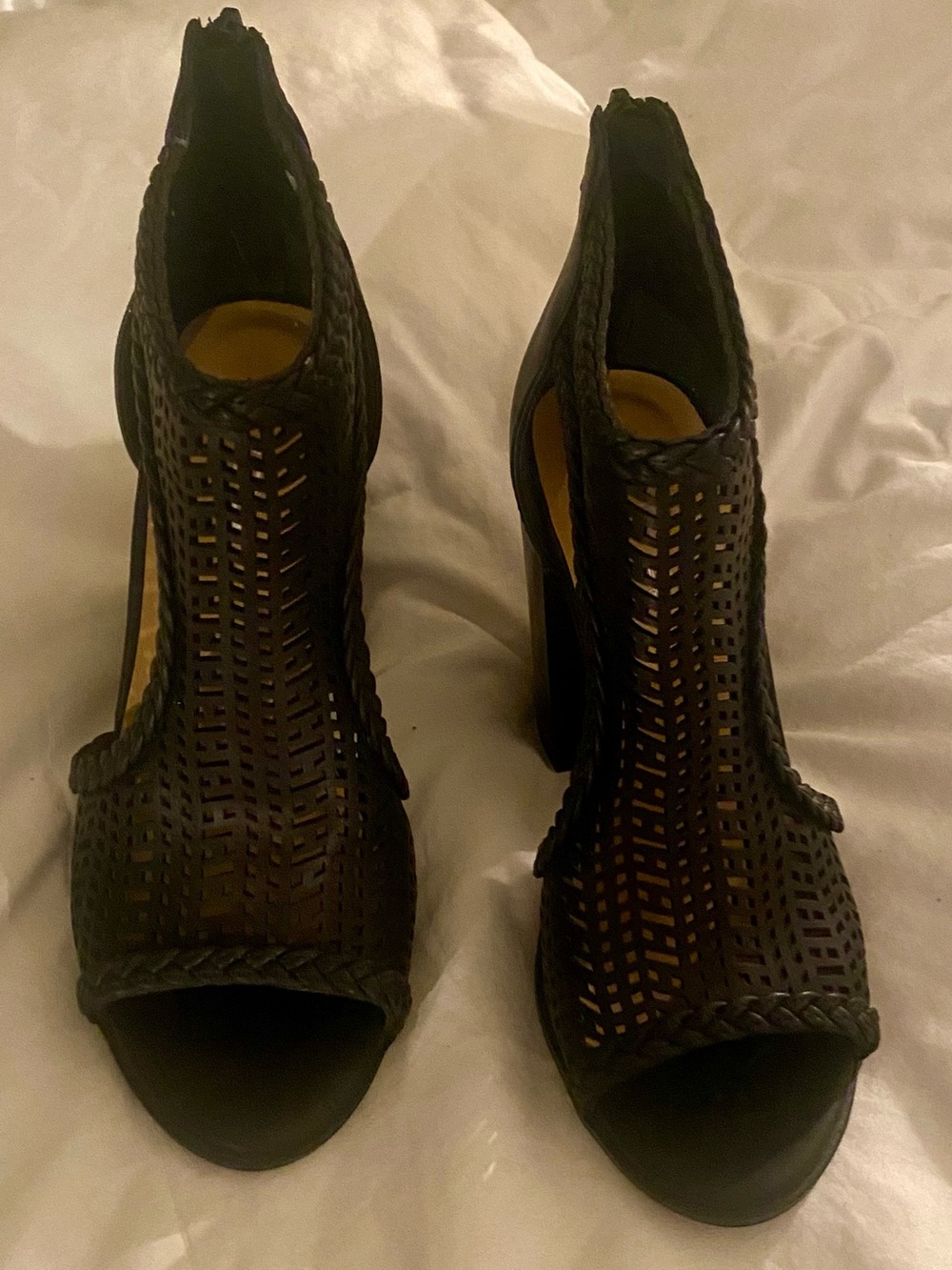 Soda Black Braided Laser-Cut Peep-Toe Block Heel Sandals